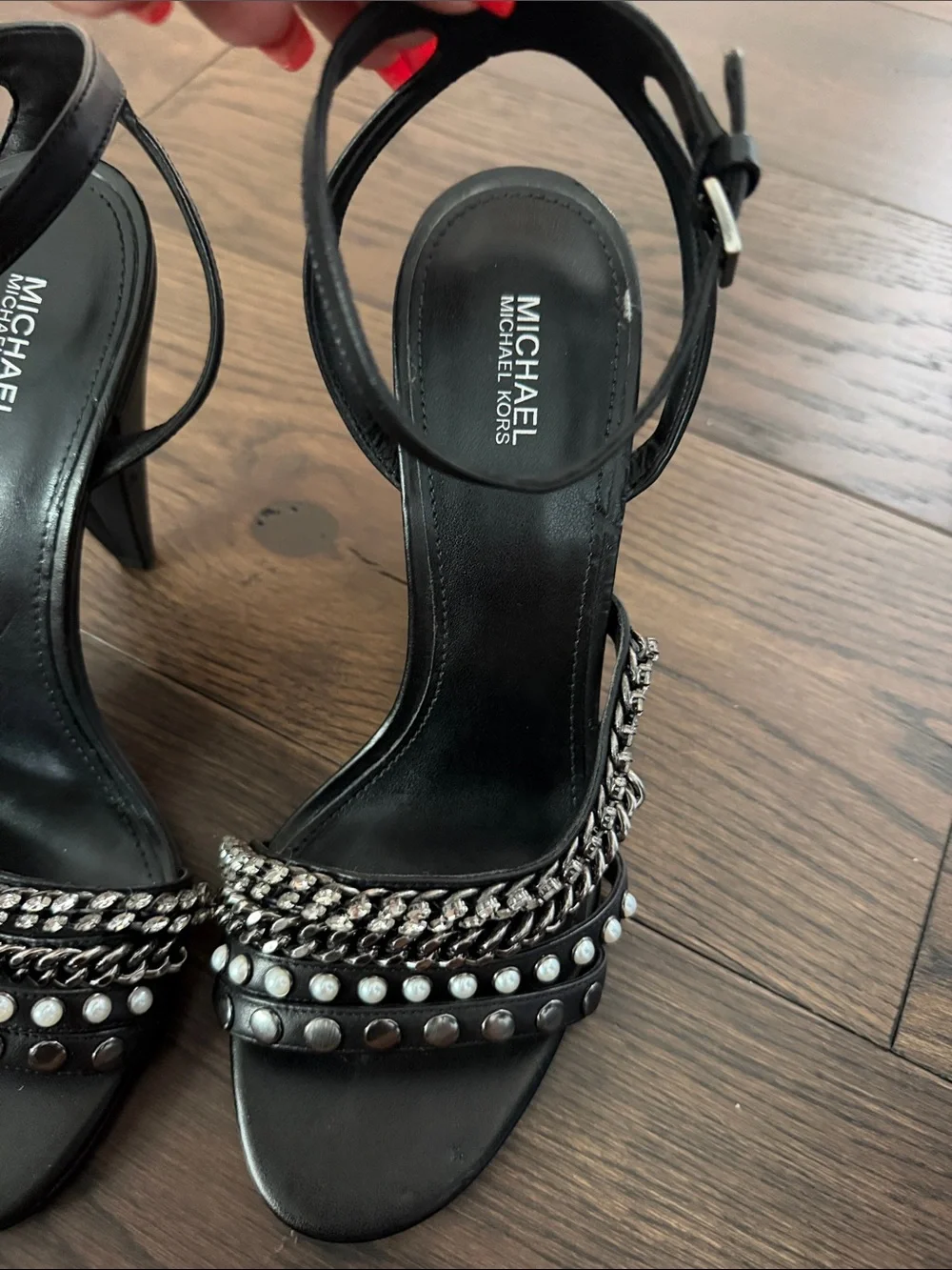 Michael Kors Kimmy Black Studded & Chain Ankle-Strap Heels
